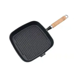 Grade de ferro fundido quadrado de 24 cm, grelha de bife pré-temperado com punho de madeira, utensílio de cozinha em ferro fundido