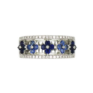 18K White Gold Sapphire Floral & Diamond Pave Wide Band <b>Ring</b> Luxury <b>Statement</b> Jewelry <b>For</b> <b>Women</b> - Product Image 1