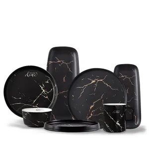hidangan hitam piring Suppliers-Penjualan Laris Set Piring Batu, Peralatan Makan Malam Keramik Piring Marmer Hitam