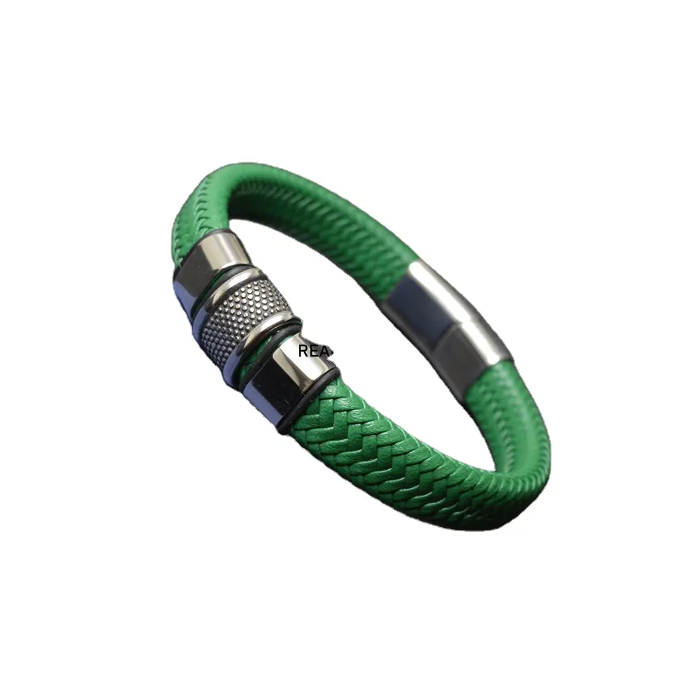 CUSTOM LOGO Fashion Stainless Steel Charm Magnetic Green Men Bracelet Leather Braided Punk Rock Bangles Jewelry Accessories