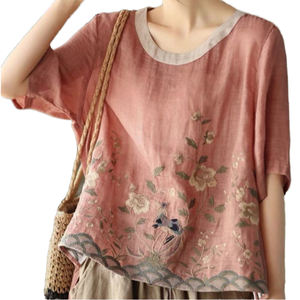 Blusas de Lino y Algodón para Mujer, Bordadas con Flores, Estilo Retro Clásico Chino, Cuello Redondo Holgado, Manga Corta, Camisa de Verano Transpirable - Product Image 4