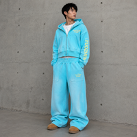 Ensemble de survêtement 100% coton lavé personnalisé sweats à capuche avec fermeture éclair pantalon de survêtement évasé imprimé de détresse lavage à l'acide survêtement respirant pour hommes
