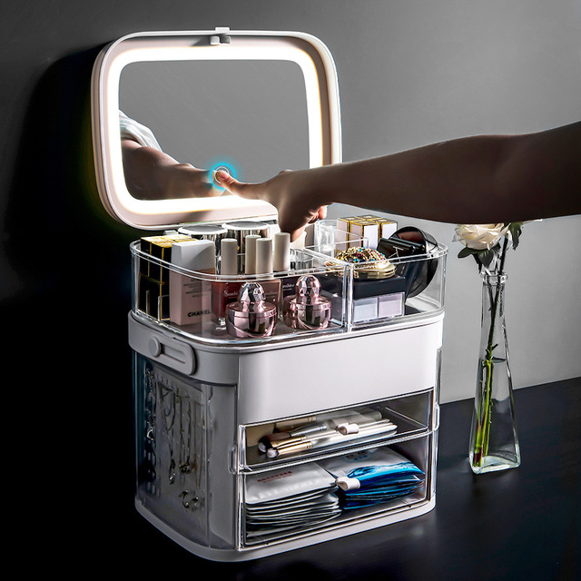LED Lighted Makeup Mirror with Cosmetic Box Lipstick Holder and Jewelry Shelves for Skin Care Product Storage