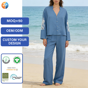 Completo da <span class=keywords><strong>donna</strong></span> vintage 2026 con ricamo Paisley, due pezzi, ampio e traspirante, in misto <span class=keywords><strong>lino</strong></span> e lyocell: camicia e <span class=keywords><strong>pantaloni</strong></span> a gamba larga casual - Product Image 1