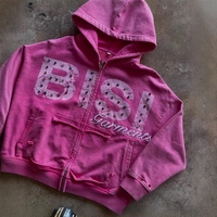 Sudadera con capucha OEM unisex para hombre, rosa, 320GSM, de algodón lavado, con estampado de pedrería, estilo crop, holgada, con cremallera, fabricada en EE. UU.