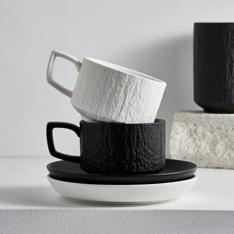 European Textured Matte Ceramic Cappuccino Coffee Cup Set Black White Porcelain Tea Cups and Saucers