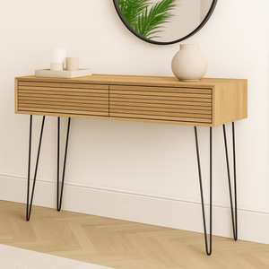 Escritorio de tocador moderno Japandi para maquillaje, 2 cajones, patas de horquilla de madera estriada, muebles de dormitorio, <span class=keywords><strong>precio</strong></span> de fábrica, proveedor - Product Image 2