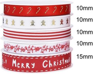 Ruban double face personnalisé en polyester recyclé à 100 %, motif floral, imprimé feuille d'or/argent, 3/8 pouce, vert et rouge, Noël - Product Image 2