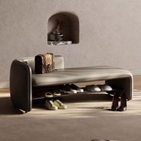 Banc d'entrée moderne de style designer haut de gamme en bois massif et cuir Napa pour changer de chaussures