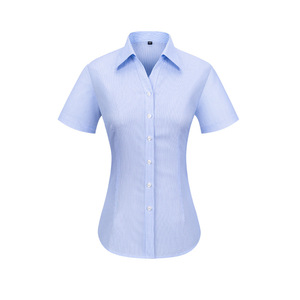 Camicia a maniche corte da <span class=keywords><strong>donna</strong></span> in tessuto di cotone con scollo a V camicia da ufficio formale a righe blu uniforme da ufficio per <span class=keywords><strong>donna</strong></span> - Product Image 5
