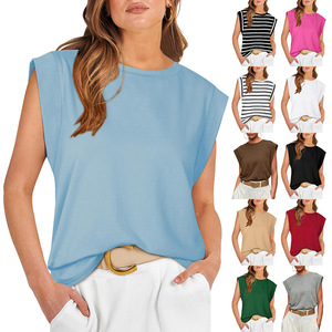 <span class=keywords><strong>T</strong></span>-<span class=keywords><strong>shirt</strong></span> sans manches en tricot pour <span class=keywords><strong>femme</strong></span>, col rond, décontracté, tendance - Product Image 2
