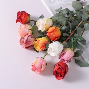 A-1874 Rose artificielle de haute qualité à tige unique, fleur sèche, rose en soie à bord brûlé pour la décoration de mariage, de la maison et des fenêtres - Product Image 1