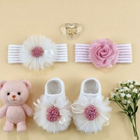 Diadema de encaje con diseño de flor y protector de fontanela, conjunto adorable de gorro y calcetines a juego para bebé