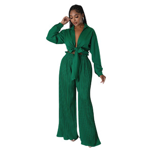 Casual 2‑Piece Women Matching <b>Set</b>, Lapel <b>Tie</b> Knot Blouse High Waist Pleated Wide Leg Pants, Vacation Party Outfit - Product Image 5