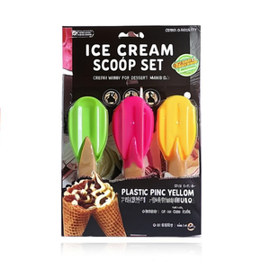 Set di paletta per gelato con manico a cono, verde, rosa, giallo, utensili in plastica per servire e preparare dessert - Product Image 2