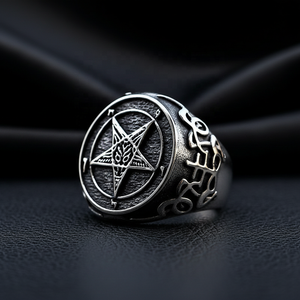 Anillo de Pentagrama Baphomet de Acero Inoxidable 316L para Hombre, Tono Plateado Antiguo, Símbolo Oculto, Estilo Rebelde Oscuro, Joyería Punk para Motociclistas - Product Image 1
