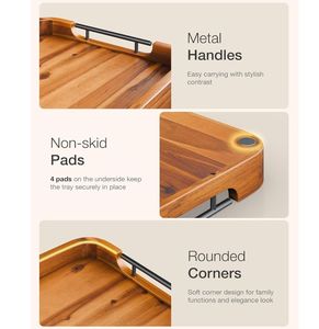 工場直販 ベストセラー 長方形 アカシア材 オットマン トレイ 大型 木製 サービングトレイ 取っ手付き リビングルーム用 - Product Image 3