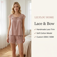 Ensemble de pyjama tendance pour femme en coton délavé, haut à manches courtes et col en dentelle, short, tenue décontractée minimaliste pour l'été à la maison