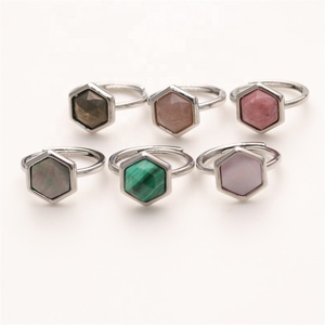 Bague personnalisée en pierre naturelle sertie clos, plaquée or, en laiton, avec pierre précieuse hexagonale, pour <span class=keywords><strong>femme</strong></span> - Product Image 2
