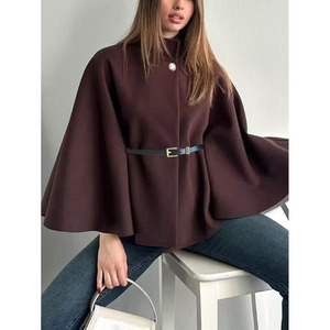 Customised Winter Batwing-Sleeve Button-Front <strong>Coat</strong> Stylish Solid-Colour Belted Polyester Cape <strong>Coat</strong> Ladies' Party Cape <strong>Dress</strong> - Product Image 6