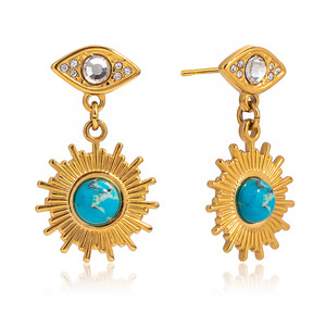 Boucles d'oreilles pendantes plaquées or 18 carats, motif œil turc bleu turquoise et soleil, pour usage quotidien - Product Image 5