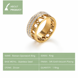 Bague en zircon ajourée style romain en acier inoxydable plaqué or 14K sous vide, bijou à bande architecturale - Product Image 2