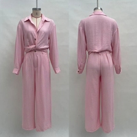 Ensemble élégant deux pièces J1703 pour femmes, chemise à manches longues avec boutons décoratifs, pantalon droit, tenue de bureau décontractée pour femmes