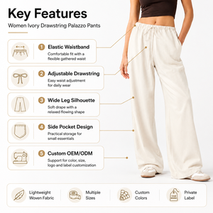 <span class=keywords><strong>Pantaloni</strong></span> Palazzo da Donna <span class=keywords><strong>con</strong></span> Coulisse, Gamba Larga, Vita Elastica, Vestibilità Morbida, Taglio Dritto, Personalizzabili OEM - Product Image 3