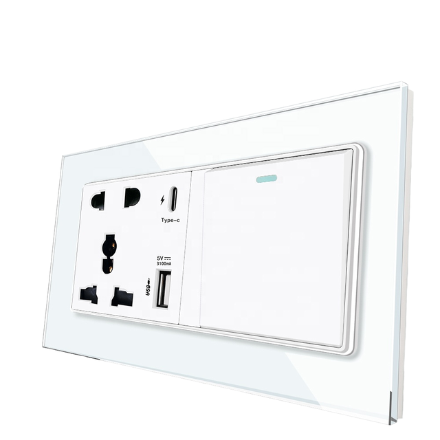 International Wall Socket 2 Double Switch Dual USB (Type-A Type-C) Ports 13A Rated Current Outdoor Use Europe/UK Compatible