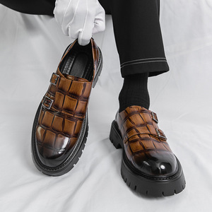 Zapatos de Hombre con Estampado de Cocodrilo Marrón, Doble Hebilla, Suela Gruesa, Formales, para Boda, Uso Diario, Negocios, <span class=keywords><strong>Mocasines</strong></span> de Cuero - Product Image 2