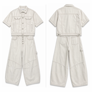 Conjunto de Dos Piezas en Mezclilla: <span class=keywords><strong>Chaqueta</strong></span> de Manga Corta y Jeans de Pierna Ancha con Cierre de Cinco Botones, Color Crema Índigo Personalizado - Product Image 4
