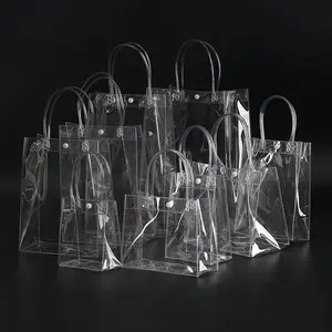 Toptan ucuz su geçirmez özel Logo baskı Tote bakkal şeffaf PVC plastik hediye alışveriş paketleme çantası düğmesi ile