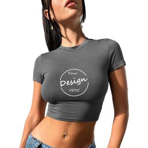 Wholesale Slim Fit High Quality New Arrival <b>Top</b> Sale <b>Crop</b> T Shirts Blank Color Printing Logo Cotton Blended <b>Crop</b> <b>Top</b> T Shirt - Product Image 6