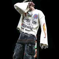 T-shirts Homme Personnalisés Streetwear Oversize à Motif Graphique en Coton Gaufré, Coupe Distressed, Ourlet Brut, Manches Longues, Coupe Courte