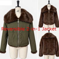 Veste d'hiver réversible 2-en-1 chic pour femme 2026, col à revers, fermeture éclair, doublure en fausse fourrure, doudoune courte