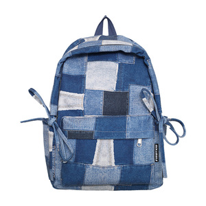 Denim <b>Backpack</b> For Female <b>Students</b> School Education Checkered Pattern Shoulder Strap Interior Zipper Pocket Summer 2024 - Product Image 5