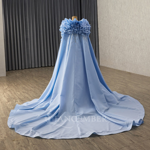 Robe de soirée bleue RSM251071 à sequins et strass, col cœur, avec cape détachable, dos lacé, personnalisable, drapée et froncée - Product Image 5