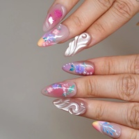 Ongles à presser en acrylique, motif floral dégradé rose et jaune, peints à la main, 3D, perles en relief, forme amande, vente en gros pour les vacances