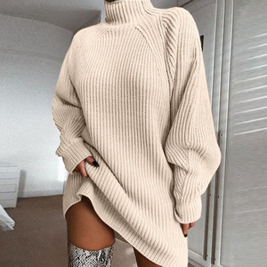 2026 Women Turtleneck Knitted Sweater Pullover Dress With Raglan Sleeves High <b>Neck</b> Loose Midi Knitted Dress - Product Image 1