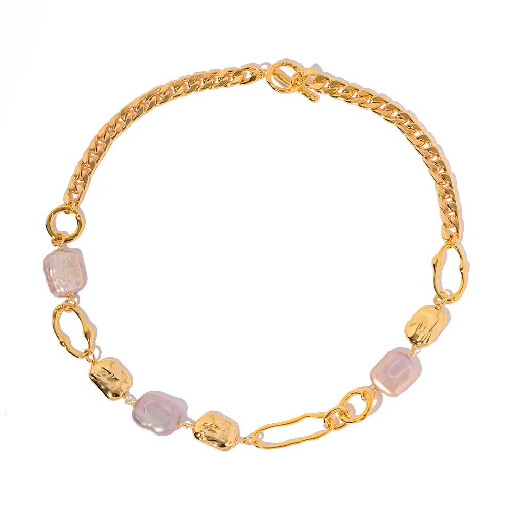 Fashion Irregular Chain OT Buckle Brass Cuban Chain Pink Freshwater Pearl Necklace for Women