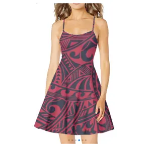 Vente en gros de robes des îles du Pacifique Vêtements de plage en bandoulière Imprimé tribal polynésien rouge Robes d'été de luxe personnalisées pour femmes