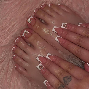 Lot de 48 faux ongles à presser pour doigts et orteils, forme amande, style français, avec colle, pour pieds - Product Image 6