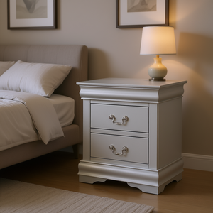 Table de chevet en platine à 2 tiroirs, plateau en bois, design traditionnel, meuble de chambre à coucher, rangement, usage domestique - Product Image 2