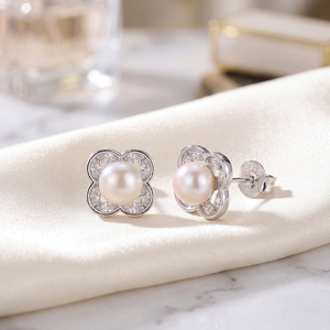 Élégantes boucles d'oreilles clous en argent S925 avec perles d'eau douce et zircon, motif étoile et fleur, bijoux pour femme, cadeau de mariage ou de mariée - Product Image 4