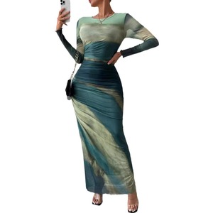 Vestido de moda Europeo Americano Estampado de malla floral Fruncido Casual Chic Verano - Product Image 5