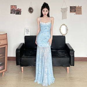 Vestido largo de verano estilo INS con encaje y patchwork, vestido de malla con estampado floral ombré, estilo sirena, elegante para mujer. - Product Image 5