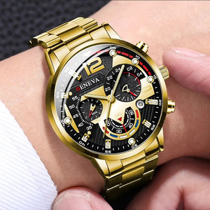 High Quality Men's Casual Sport Wristwatch <b>Black</b> Plated Steel Band Chronograph Date Function Luminous Hands Quartz <b>Watch</b> - Product Image 2