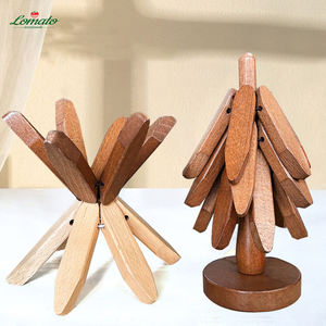 Forma de árbol 4 salvamanteles de madera Posavasos para bebidas resistentes al calor con soporte Portavasos de madera para almacenamiento en el hogar - Product Image 2