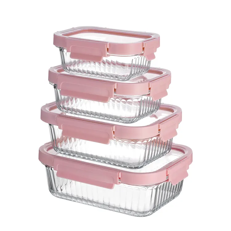 IKOO new design ribbed food container glass lunch boxes with lids