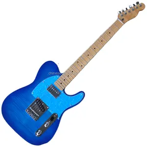 Flyoung-guitarra eléctrica azul de fábrica, guitarras de alta calidad, chapa de arce de llama, golpeador de perla azul